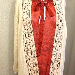 Cream crochet trim boho cardigan sweater L